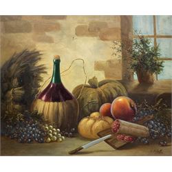 S Fedeli (Continental 20th century): Still Life of Fruit and Wine inside Cottage, oil on canvas signed 49cm x 59cm