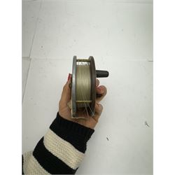 D. Slater, Newark, wood, alloy and brass star-back centre pin reel,  together with three other wooden/alloy reels including Edge Elite, Milbro Pelican and one other 