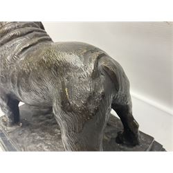 Bronze figure, modelled as an English Bulldog, upon rectangular stepped marbled base, after Mene, H23cm