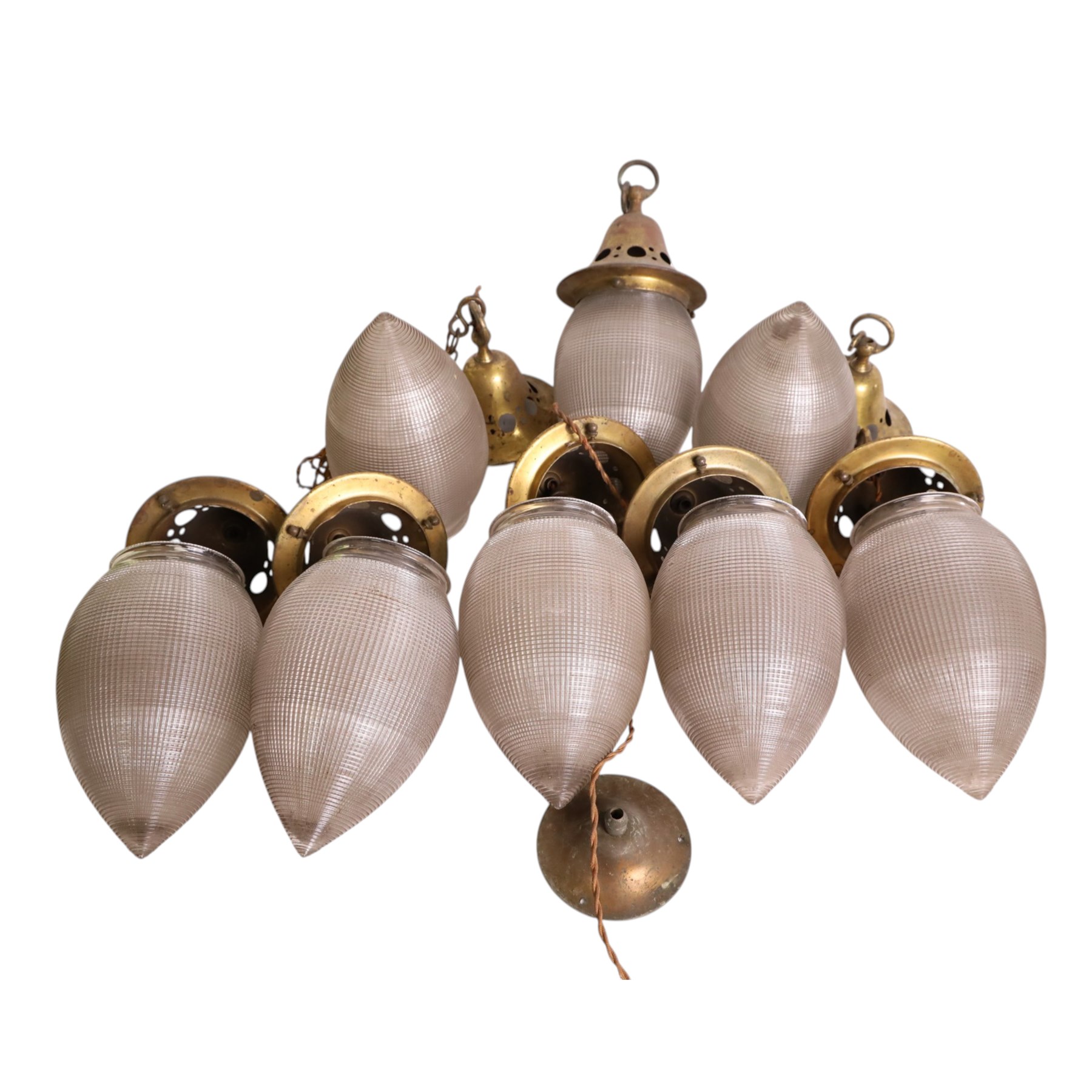 Set of eight French Art Deco Blondel Holophane pendant lights, the glass acorn shades, with pierced brass fittings, shades H35cm