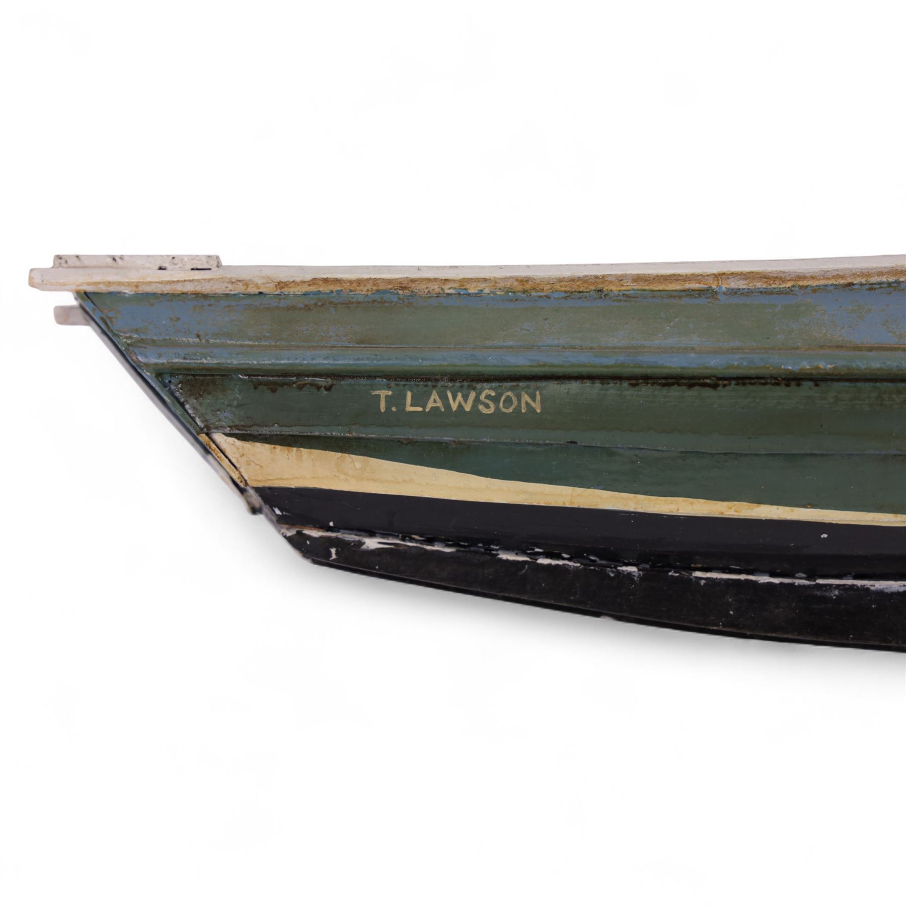 Two wooden fishing coble models, comprising SE31, with rudder, painted in blue, white and red and SSS.33 'Alice', painted in green, black and yellow, largest H16cm, L70cm