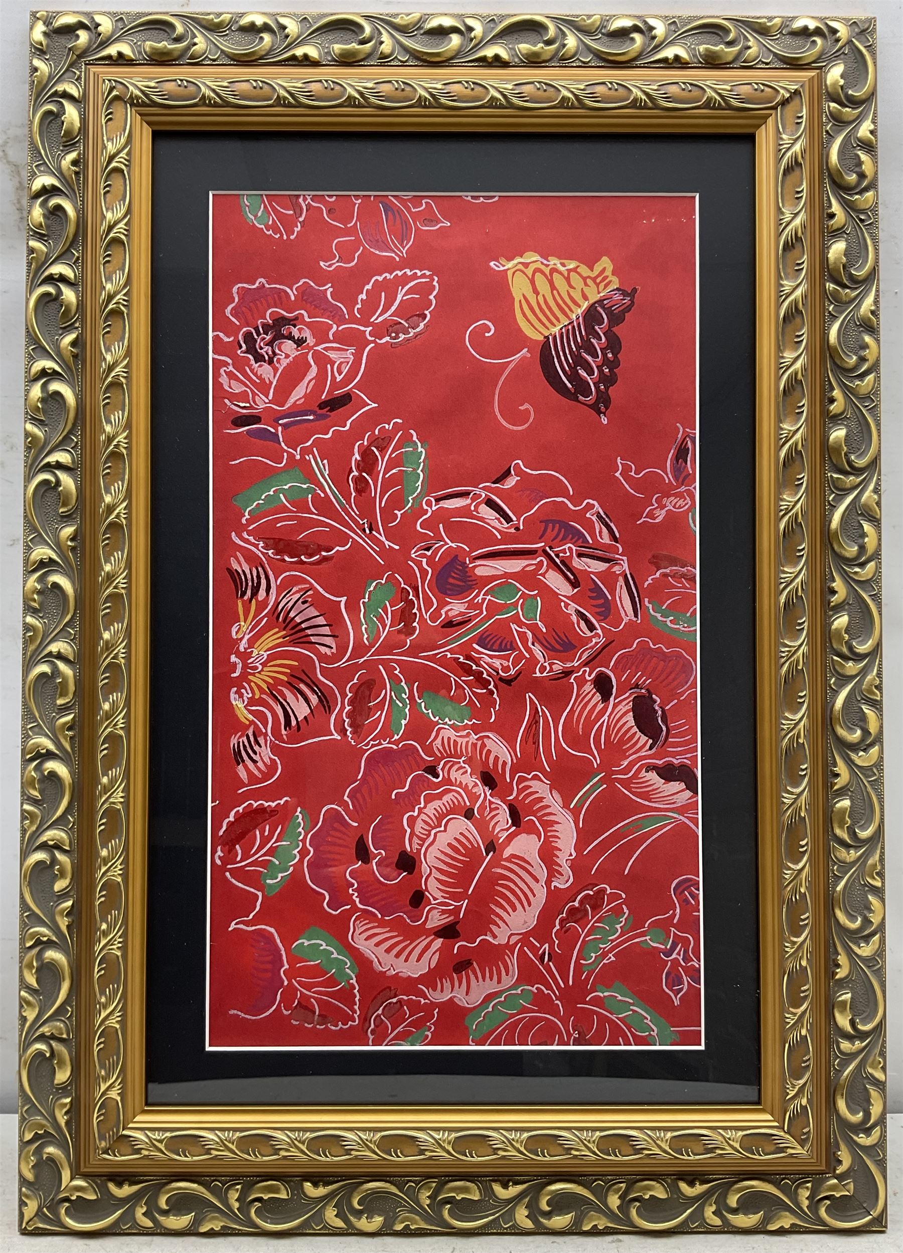 Raoul Dufy (French 1877-1953): Butterfly and Floral design, gouache on paper unsigned 27cm x 48cm
Provenance: with Leighton Fine Art; Bianchini Ferier Archive - Christie's London 16th November 2000.
Notes: The silk weaving house of Bianchini Firier was founded in Lyon in 1888. In 1912 Raoul Dufy signed a contract with them and went on to produce about 4000 designs for Bianchini Firier between 1912 and 1928. After his contract came to an end Bianchini Firier continued to make fabrics for important fashion houses such as Worth, Madeleine Vionnet, Jeanne Lanvin Paquin and Patou. They produced scarves for Hermes, Jacques Fath and others and created imaginative designs for Givenchy, Balenciaga, Chanel, Dior and Yves Saint-Laurent etc.