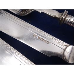 Set of six Victorian silver fish knives and forks, each with tapering beaded handles, handles, blades and prongs hallmarked Henry Wilkinson & Co, Sheffield 1878 & 1879,