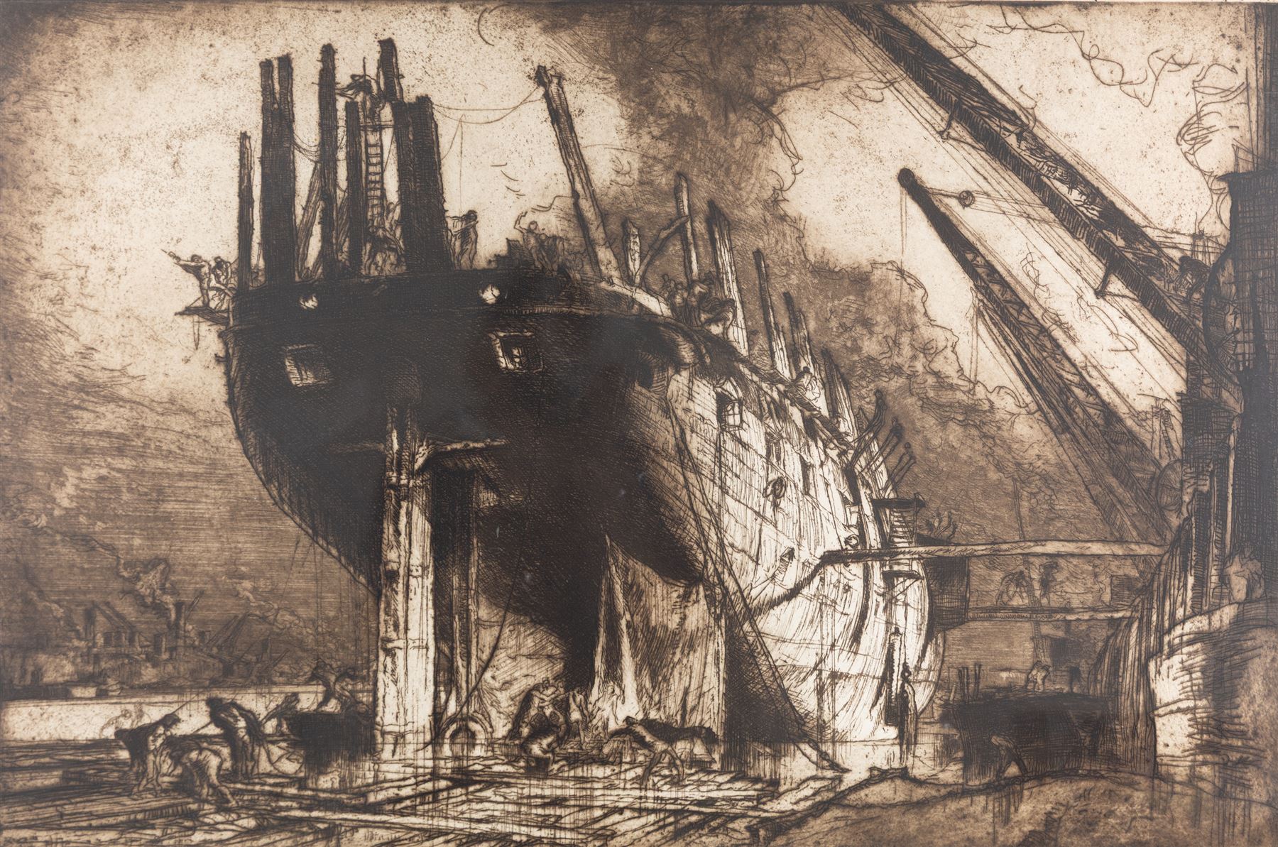 Sir Frank Brangwyn RA (British 1867-1956): 'Breaking up of the Duncan' (Gaunt 193), etching pub. 1911 signed in pencil, 54cm x 81cm 