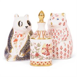 Six Royal Crown Derby paperweights, including Panda gold stopper, hamster silver stopper, Frog gold stopper etc, together with  Royal Crown Derby Honeysuckle scent bottle 
