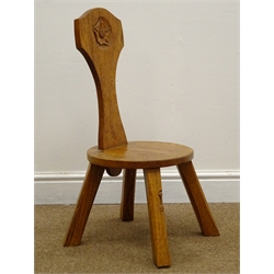  Yorkshire Oak - 'Catman' small oak milking stool, solid shaped back with carved rose (W36cm) by Chris Checksfield: Whitby (retired) (ex Gnomeman)  