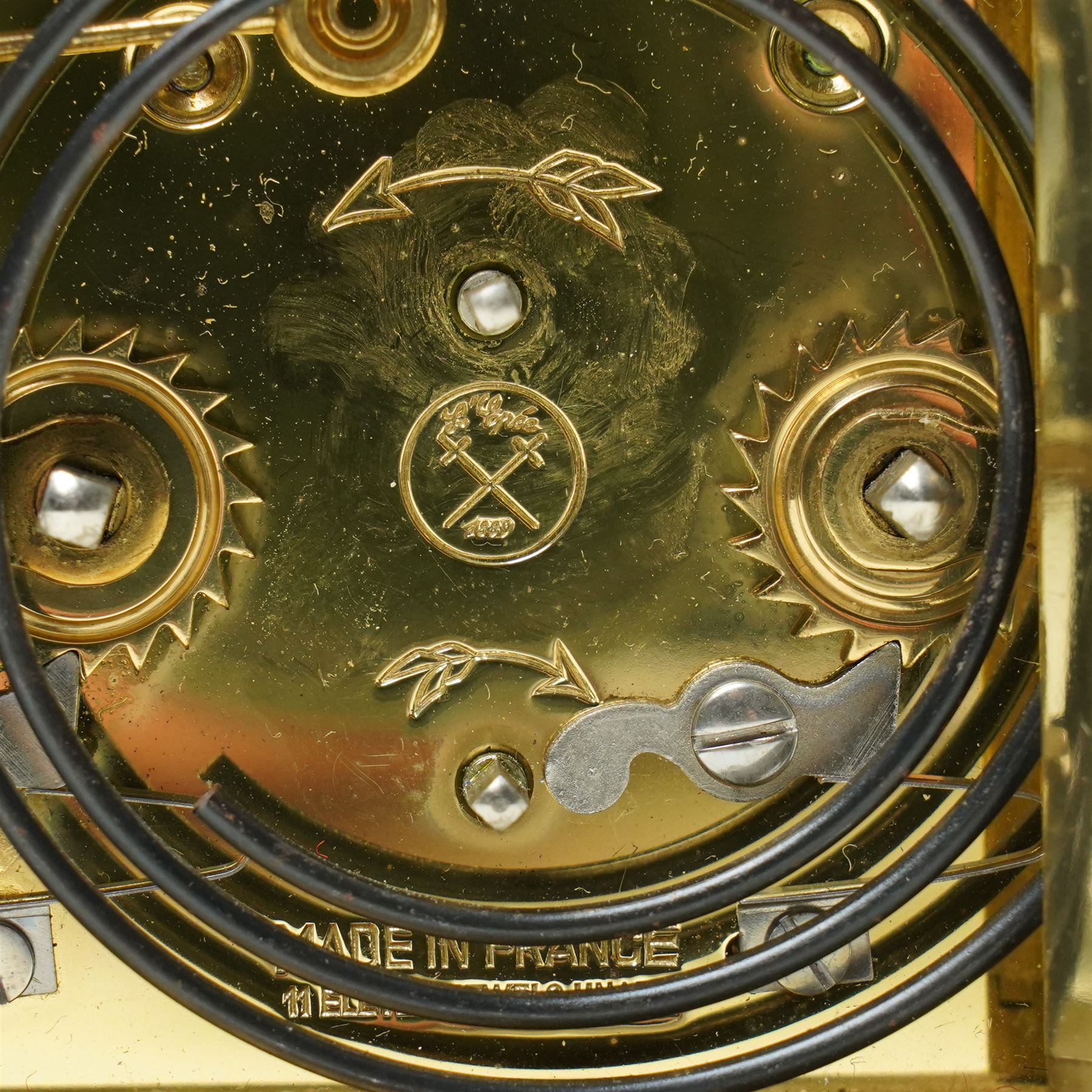 French carriage clock, the white dial inscribed 'L'Epee Fondee en 1839, Sainte Suranne, France,  with repeater movement and alarm in brass and bevelled glass case H13cm