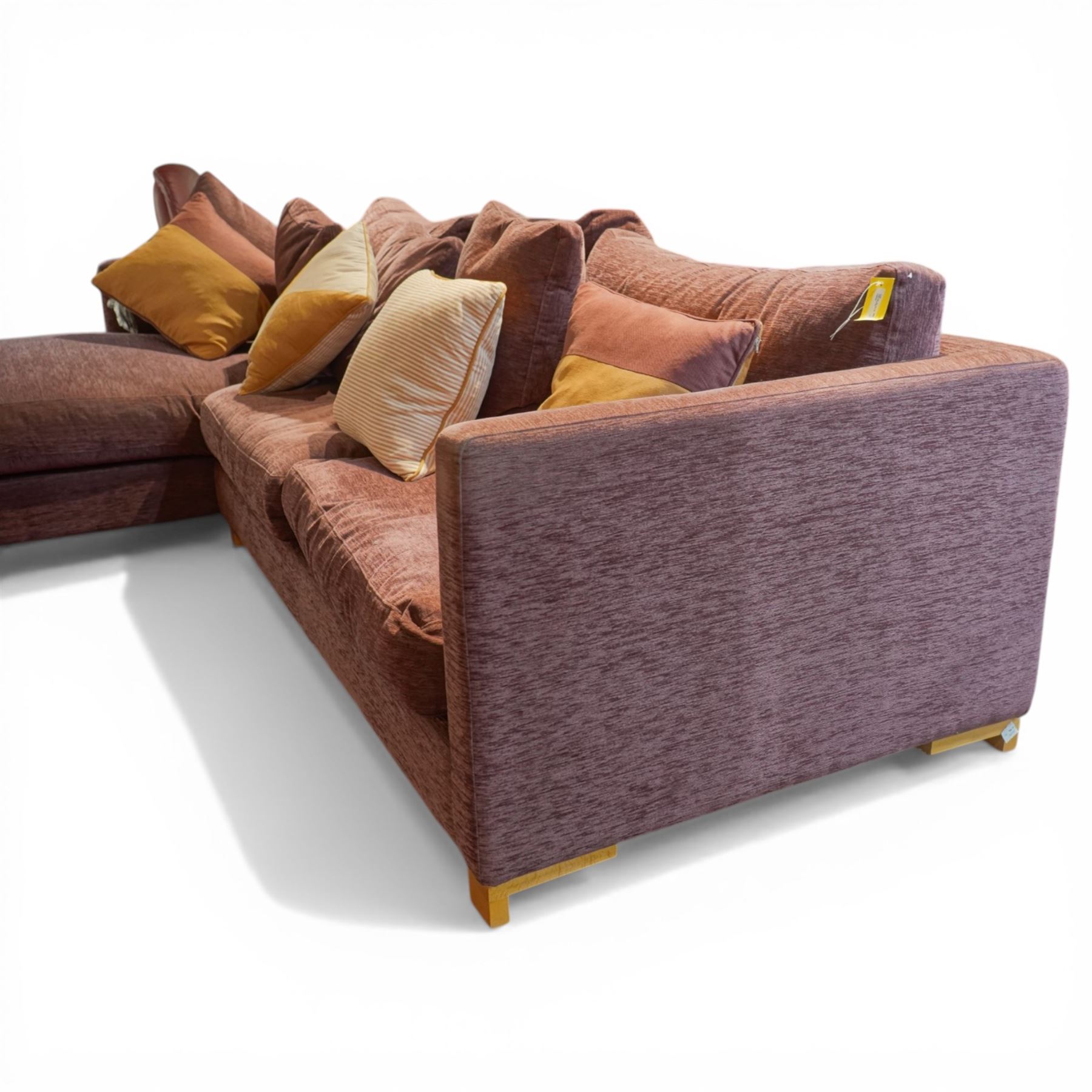 Orior - corner sofa upholstered in plum fabric, loose cushions and various scatter cushions, light wood stained feet