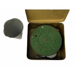 Gebruder Bing Germany Pigmyphone child's portable toy gramophone in woodgrain finish tin-plate box with key and tin of needles L15cm; and nine small records of nursery rhymes; together with a Japanese tin-pate 'Skip Rope Animals' clockwork toy, boxed.