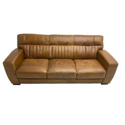 Three seat sofa (W220cm, D95cm, H85cm), and matching two seater (W160cm), upholstered in tan leather