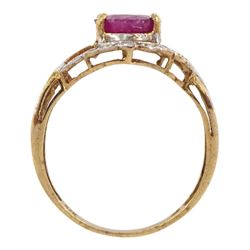 9ct gold oval ruby and diamond ring, stamped 375