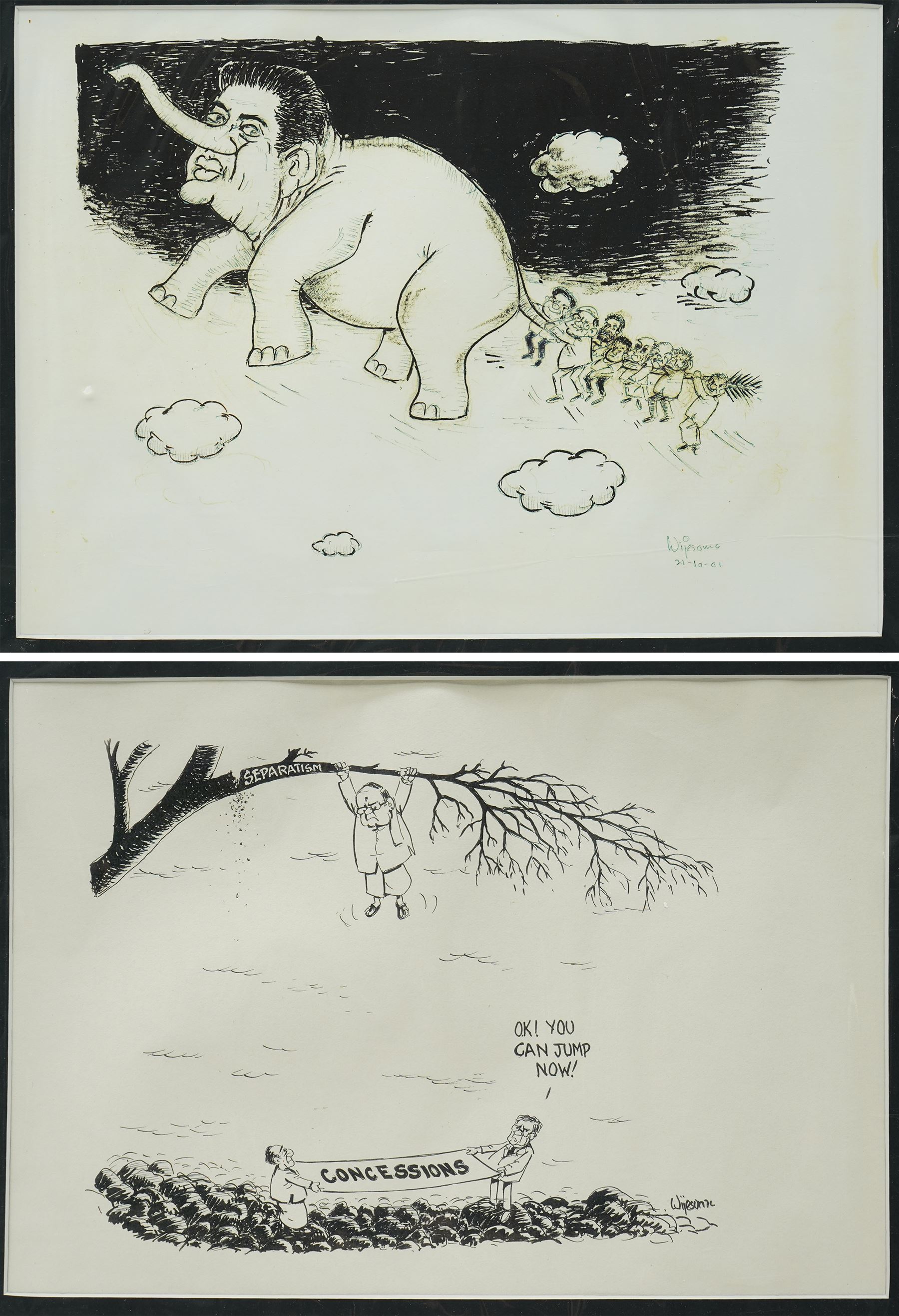 W R Wijesoma (Sri Lankan 1925-2006): Political Satire and 'Separatism & Concessions', pair monochrome prints signed in the plate 29cm x 41cm (unframed) (2)
Notes: W. R. Wijesoma was one of Sri Lanka’s most important political cartoonists, active for over three decades; these are final cartoon versions from which published newspaper or other printed edition art was taken.