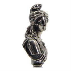19th century French silver plated seal, modelled as a bust of Attis, Consort of Cybele after Jean Baptiste Clesinger, cast by the Marnyhac foundry, the bloodstone stamp with crest and Latin motto 'Festina Lente' (make haste slowly), H10cm, contained within original maker's fitted brown leather box with purple silk and velvet lined interior detailed 'MARNYHAC 1 RUE DE LA PAIX' 

Provenance: From the collection of Andrew Chichester Everitt.