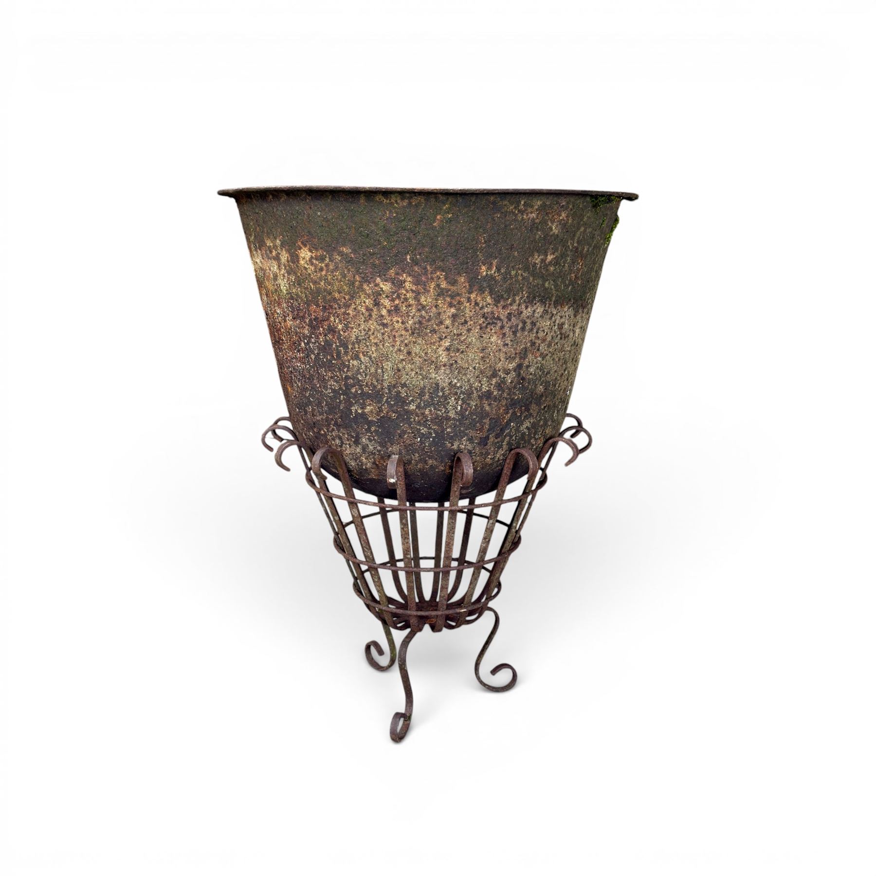 19th century cast iron bell cauldron, with associated wrought iron stand