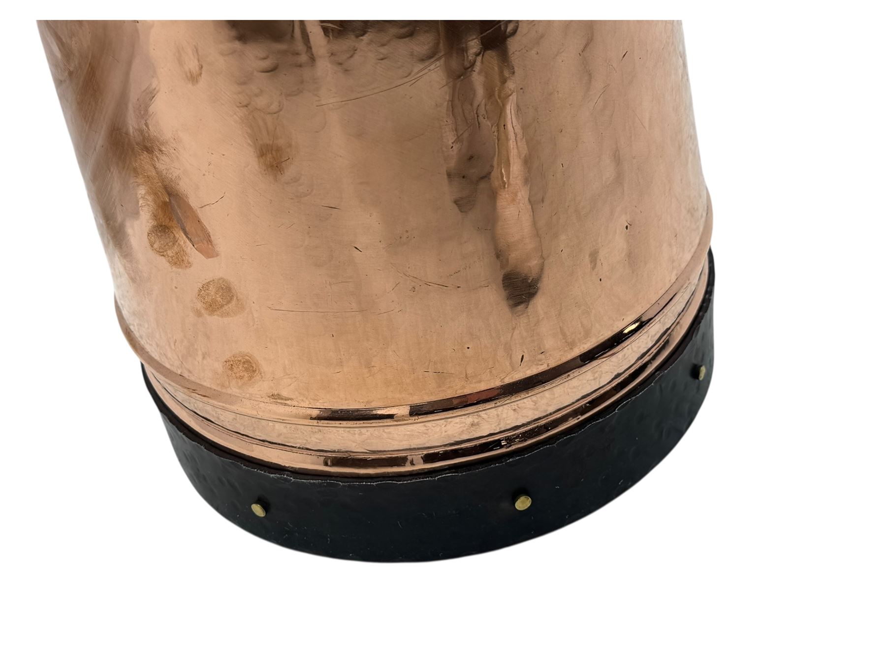 20th century copper milk churn, of tapering cylindrical form with applied brass twin handles and darkened banded rim and base