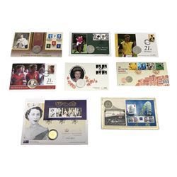 Eight coin covers including, 'Her Majesty Queen Elizabeth II 70th Birthday' containing a 1996 Canadian one ounce silver coin, three coin covers commemorating the 21st Birthday of HRH Prince William each containing a silver coin, '1895 1952 A Tribute to HM King George VI' containing a South Africa 1952 five shilling coin, 'The Notting Hill Carnival' containing a 1998 fifty pence etc (8)