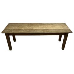 20th century oak refectory dining table, rectangular three plank top, on chamfered square supports 