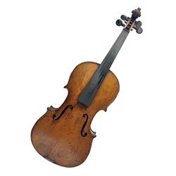  Late 19th century German trade violin c1890 with 36cm two-piece birds-eye maple back, neck and ribs and spruce top; bears label 'Manufactured in Berlin Special Copy of Nicolaus Amati' L59.5cm; in carrying case