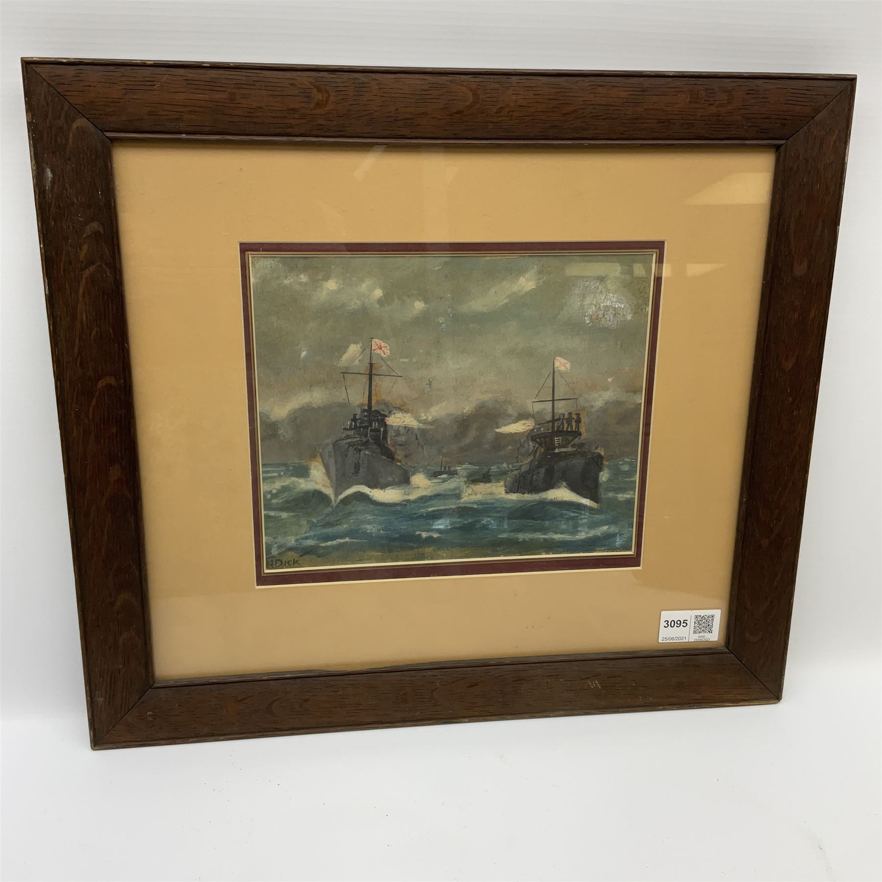 K Dick (British 19th/20th century): 'The Battle of Tsushima' 27th May 1905, scene from the Russo-Japanese War, watercolour signed, biographical information verso 18cm x 22cm