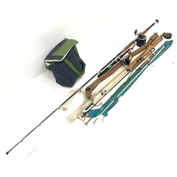 Fishing tackle including Mitchell telescopic rod with ‘Absolut S4’ reel, various other fishing rods and reels, ‘the “WEY” Mark I’ reel, various hooks etc.