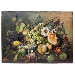 B Hall (British 19th century): Still Life of Fruit and Flowers, oil on canvas signed and dated 1873, 40cm x 56cm (unframed)