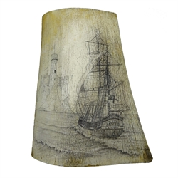  Whale Pan Bone, Scrimshaw worked with a detailed study of 'HMS Bark Endeavour' entering a Continental Harbour with castle, H27cm, W24cm: Provenance Yorkshire Private Collector.  