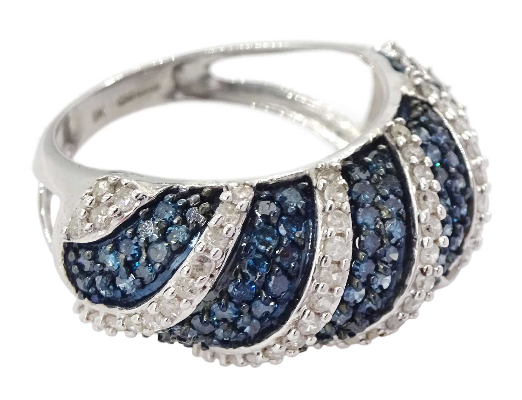 White gold pave set blue and white diamond ring, hallmarked 9ct, total blue diamond weight approx 1.05 carat, total white diamond weight approx 0.45 carat