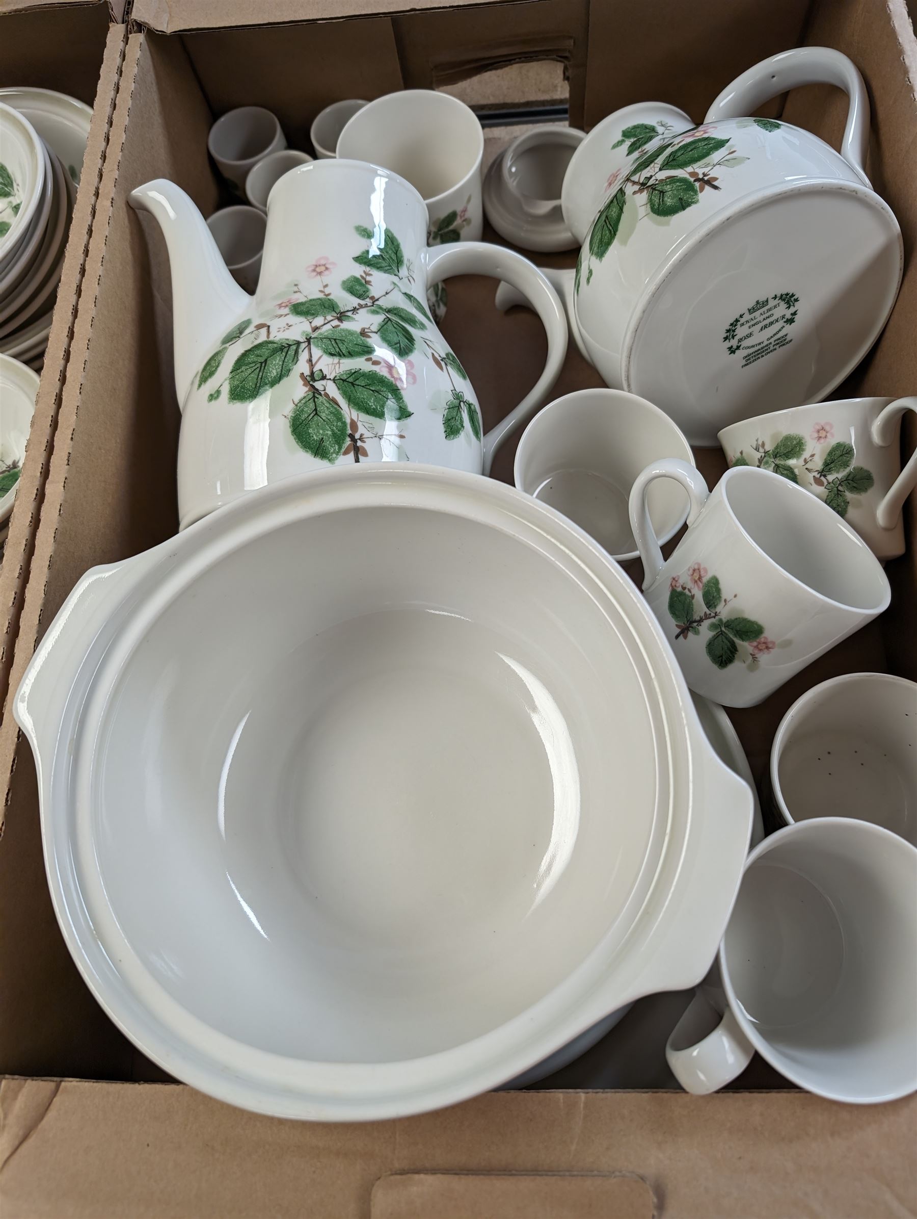  Royal Albert Rose Arbour tea and dinner service, including plates, bowls, jugs, serving bowl etc in three boxes 