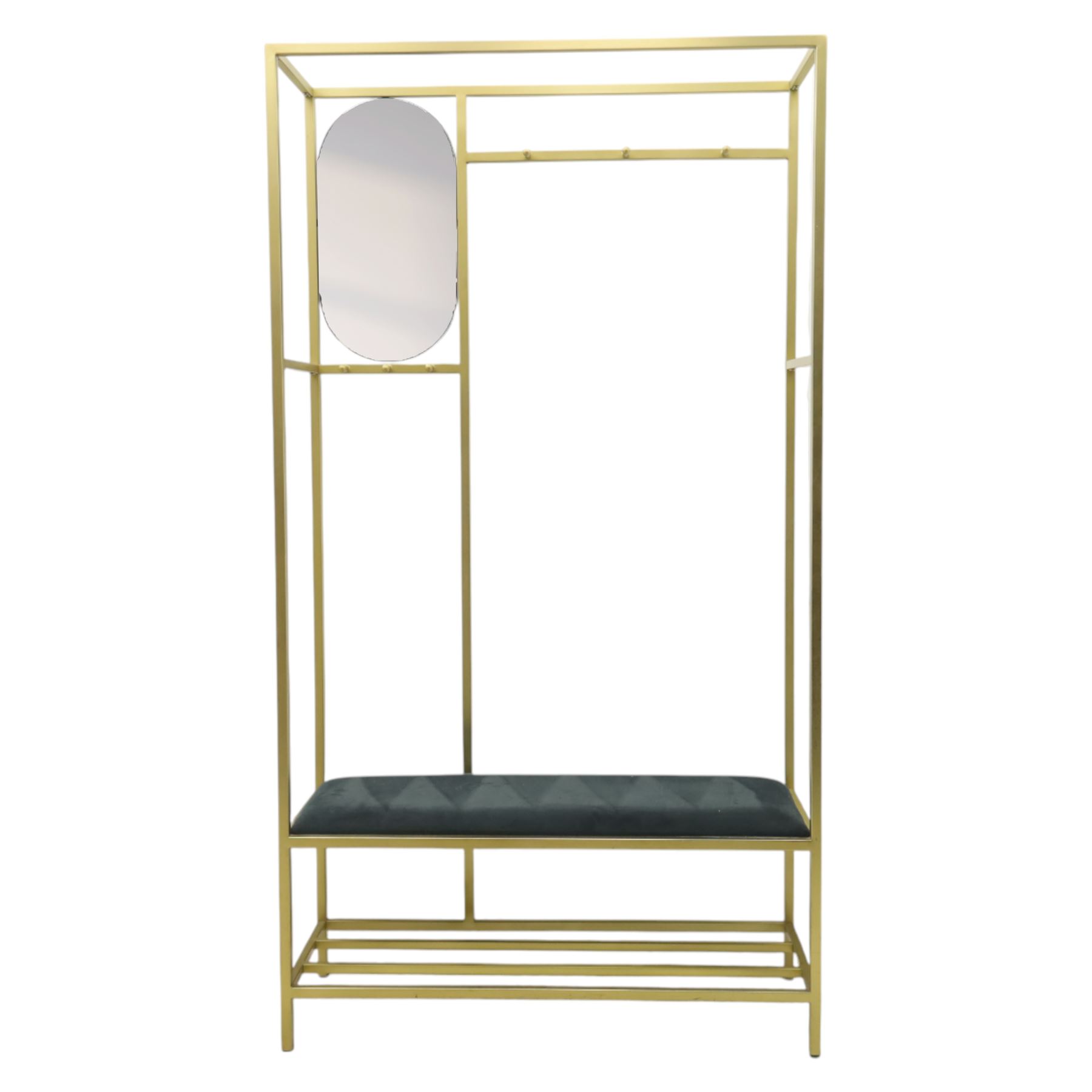Contemporary hall stand gilt metal with black velour seat, oval mirrored panel with multiple hooks, padded seat above undertier for shoes