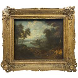 English School (Early 19th Century): Travellers Resting by a Lakeside on the Continent, oil on canvas unsigned, indistinctly inscribed verso 45cm x 55cm 