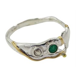 Silver and 14ct gold wire emerald and champagne diamond ring, stamped 925