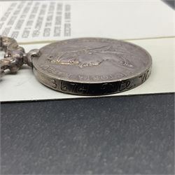 Victoria India Medal with Tirah 1897-98 and Punjab Frontier 1897-98 clasps awarded to 367H Pte. W. Simonds 1/Duke of Cornwall's Light Infantry; with ribbon