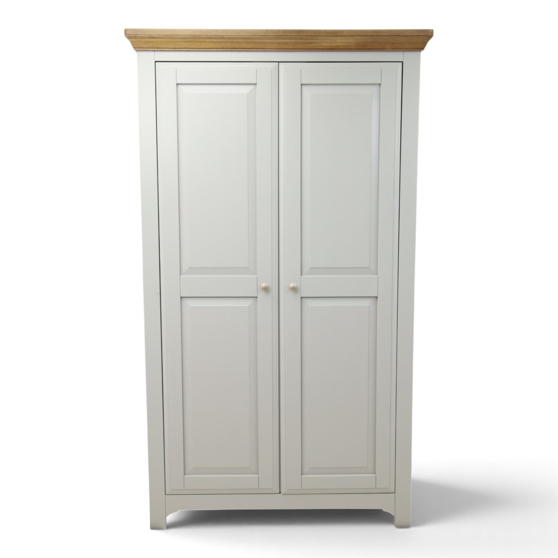 Barker & Stonehouse - Grey painted double wardrobe, with projecting oak cornice, fielded panelled doors, with wooden hanging rail, raised on bracket feet