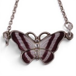 Danish silver and guilloche enamel butterfly pendant necklace, by Volmer Bahner, Denmark