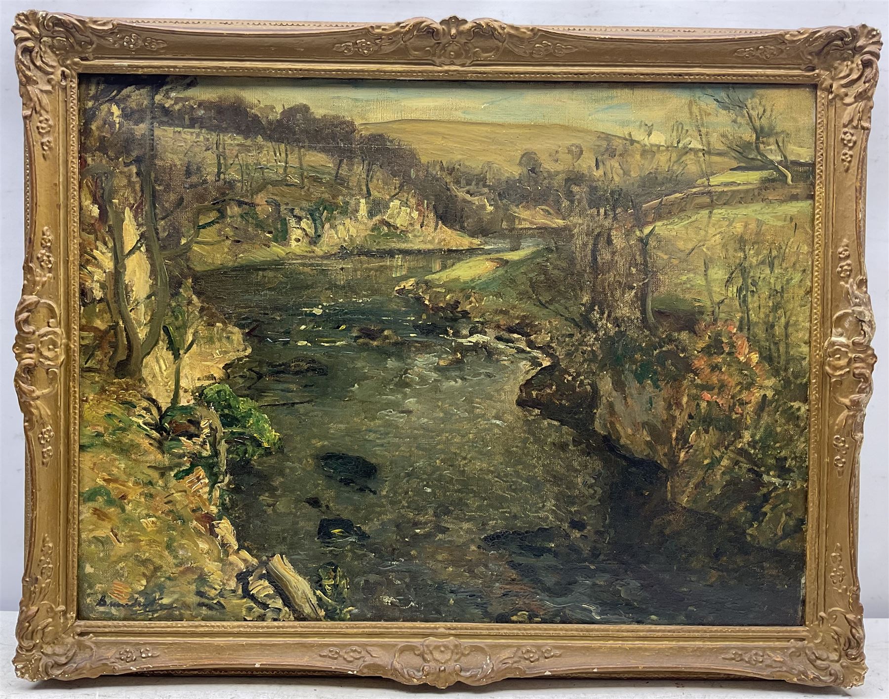 Reginald Grange Brundrit RA ROI (British 1883-1960): The River Wharfe at Loup Scar near Grassington, oil on canvas signed c.1924, 45cm x 60cm
Provenance: en plein air preliminary study for a larger work dated 1924 hanging in the Cartwright Hall, Lister Park, Bradford