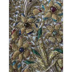 20th century large Zardozi wall hanging, hand embroidered in gold thread on black velvet ground with semi-precious stones and central medallion  149x93cm