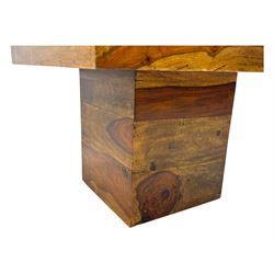 Pair of contemporary hardwood occasional tables, square tops with central recessed acrylic panels, on block pedestal bases