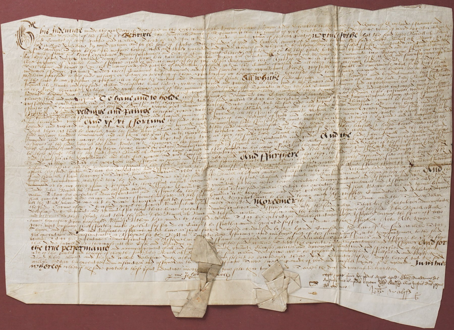 An Elizabeth 1 indenture in English secretary hand regarding the transfer of an estate in the parish of Middleton, 1566 document size 28cm x 42cm, framed 