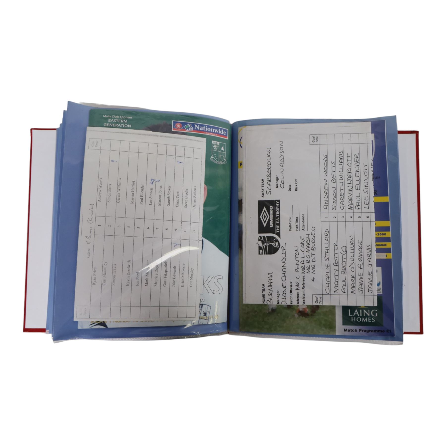 Comprehensive collection of approximately two hundred and twenty Scarborough FC football programmes for the 1999/00, 2000/01, 2001/02 and 2002/03 seasons, all filed within eight dedicated Scarborough FC red Home and Away binders