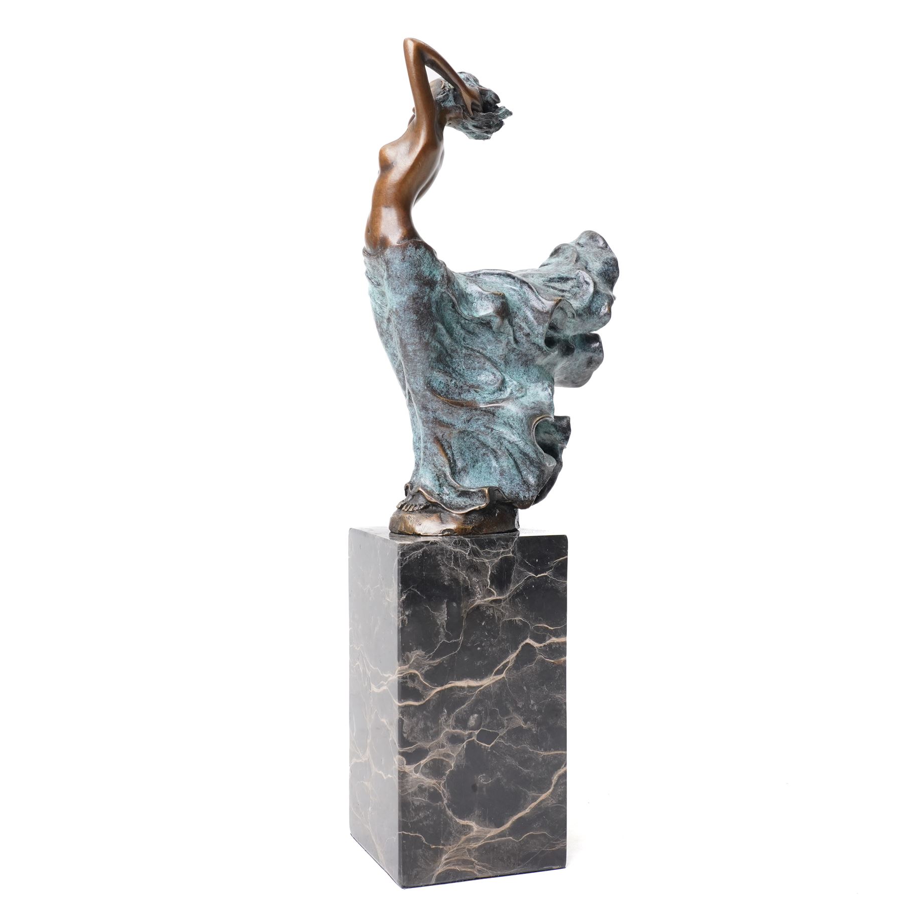 After Angelo Basso - art nouveau style bronze of a lady caught in the wind, on marble base, H31cm