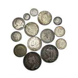 Two Queen Victoria silver crown coins dated 1889 and 1892, 1895 sixpence and small number of other pre 1920 coins and approximately 80 grams of Great British pre 1947 silver coins