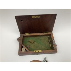 Scratch-built copy of a 19th century percussion cap pistol with 7cm tapering cannon style turn-off barrel, lock-plate inscribed 'F. Fox' and mahogany bag stock L17.5cm overall, in fitted mahogany box with inlaid crest chased mother-of-pearl cartouche and double-ended spanner