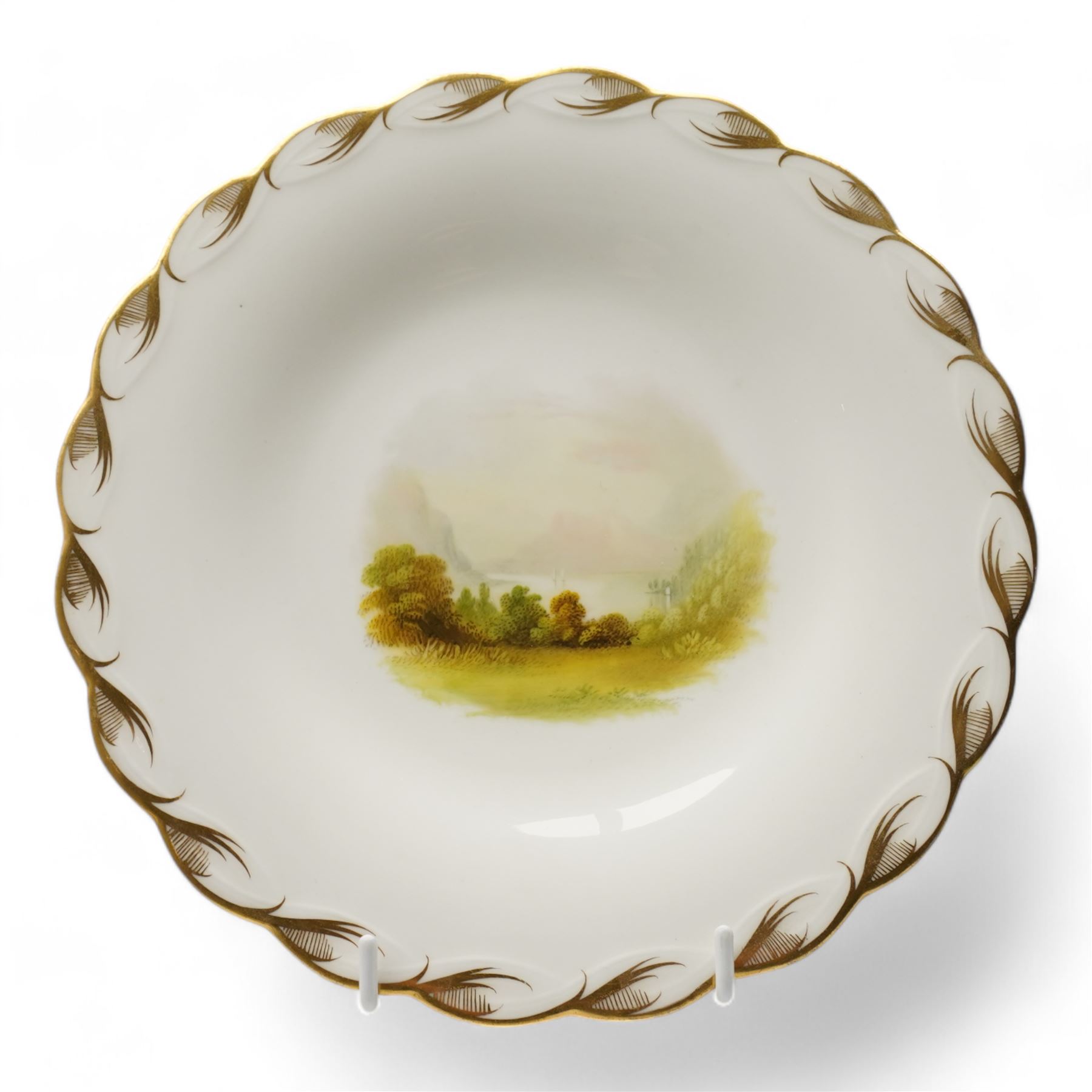 Set of six Victorian porcelain plates, each hand painted with rural landscapes, within scallop egde borders, pattern no. 122 and impressed Rd. marks, D22.5cm (6)