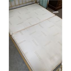 Victorian style brass 4’ 6” double half tester bed with porcelain finials, drapes and covers, fitted with divan base
