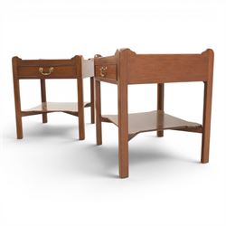 Georgian style pair of mahogany lamp tables, each with three-quarter gallery top above a single frieze drawer with brass swan neck handle, on square tapering supports united by an undertier