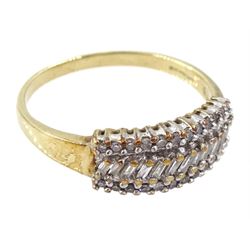 9ct gold baguette and round brilliant cut diamond ring, hallmarked