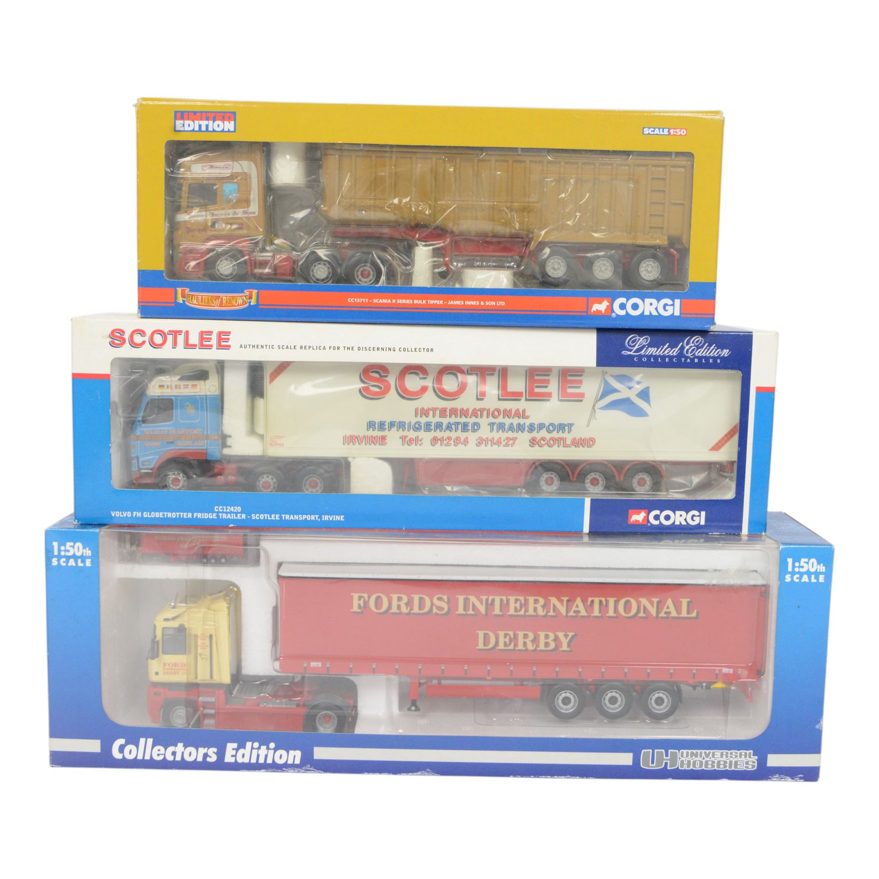 Five 1:50 scale diecast models, comprising Universal Hobbies Collectors Edition Renault Truck and four Corgi examples, including Hauliers of Renown CC13711 Scania R Series Bulk Tipper James Innes & Son, Limited Edition Prestons of Potto, CC12420 Volvo FH Globetrotter Fridge Trailer Scotlee Transport and CC15102 JCB 3C MkI, all boxed