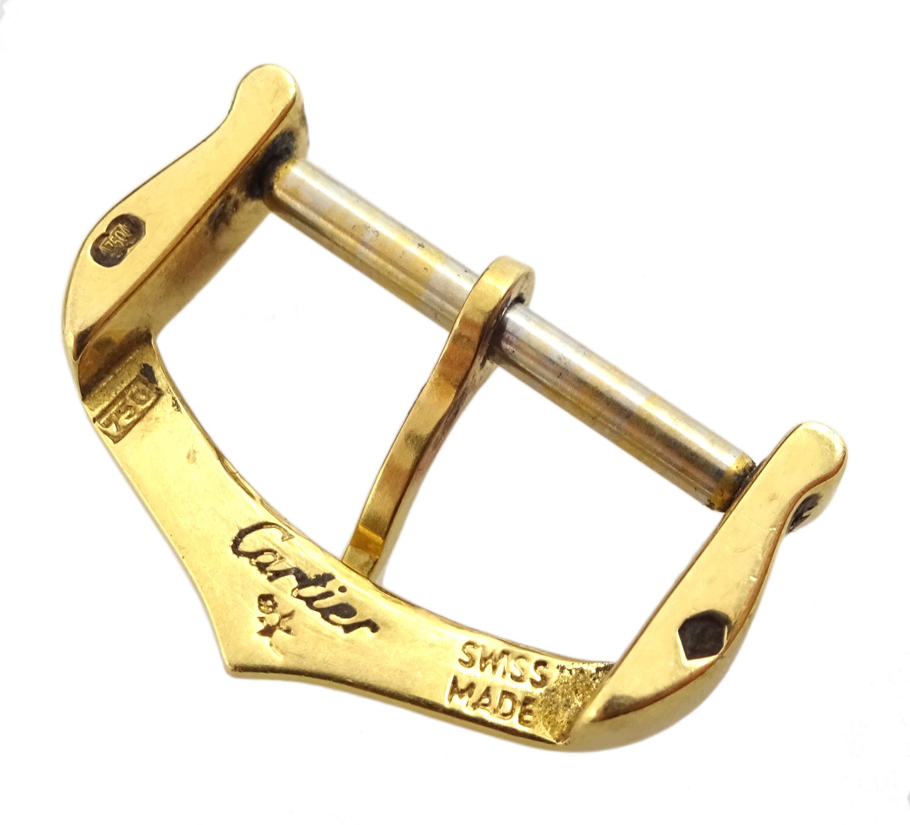 Two Cartier 18ct gold watch strap buckles, stamped 750, with Must de