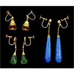 Pair of 9ct bell screw back earrings and two pairs of pendant stone set earrings