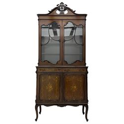 Edwardian inlaid mahogany display cabinet, fitted with two glazed doors above two drawers and two cupboards